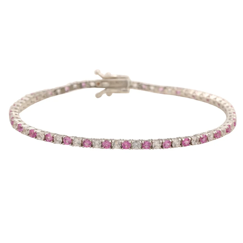 matching bracelet sets for women -Suzy Levian Sterling Silver Round-Cut Pink And White Sapphire Tennis Bracelet