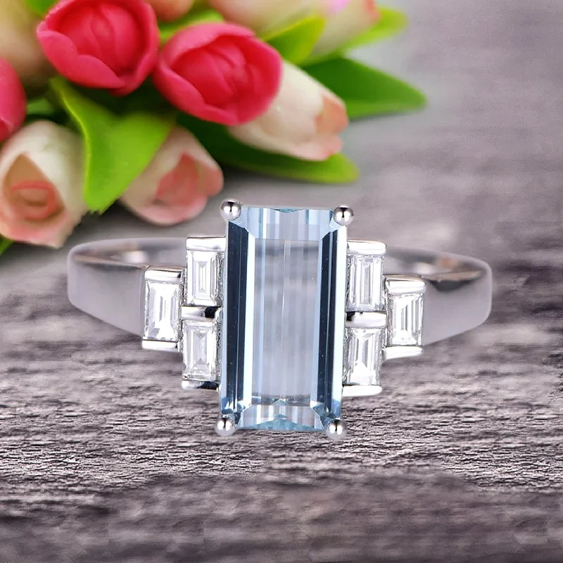 white gold engagement rings -white gold engagement rings -Emerald Cut 1.25 Carat Aquamarine Engagement Ring Anniversary Gift in 10k White Gold