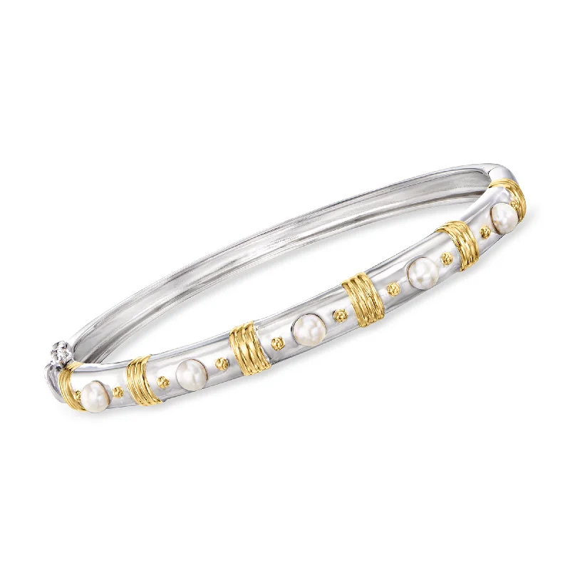 engraved bangle bracelets -Ross-Simons 3.5-4mm Cultured Pearl Bangle Bracelet in 2-Tone Sterling Silver