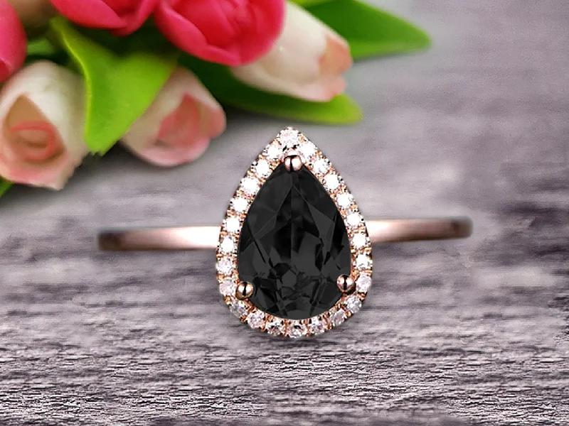 women’s stackable engagement rings -women’s stackable engagement rings -1.25 Carat Pear Shape Gemstone Black Diamond Moissanite Engagement Ring Handmade Solid 10k Rose Gold Promise Ring Anniversary Ring Halo