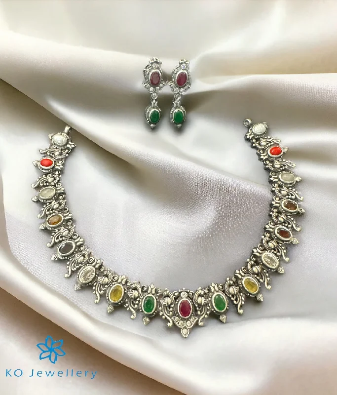 pearl necklaces for women -modern necklaces for women -The Aditya Silver Navratna Necklace & Earrings