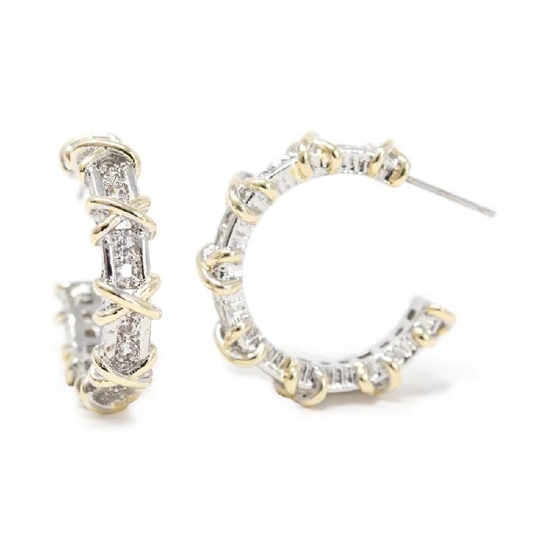 romantic earrings for women -delicate earrings for women -2 Tone Crystal Circle and Crosses Hoop Earrings