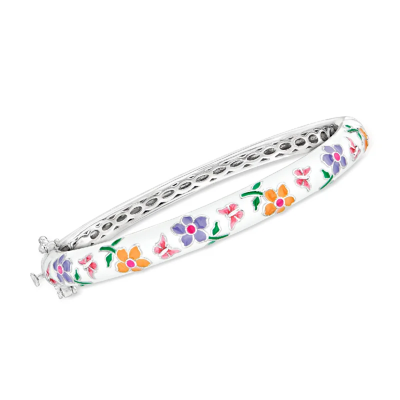 stackable bangles for women -Ross-Simons Multicolored Enamel Flower Bangle Bracelet in Sterling Silver