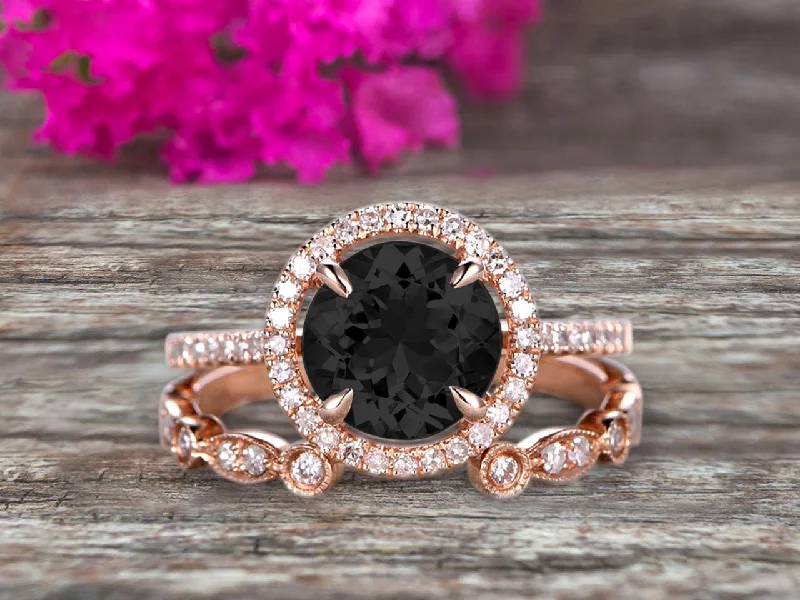 customized engagement rings -customized engagement rings -2 Carat Round Cut Black Diamond Moissanite 10k Rose Gold Wedding Set Half Eternity Ring Art Deco Stacking Band Engagement Ring Anniversary Gift Halo Milgrain