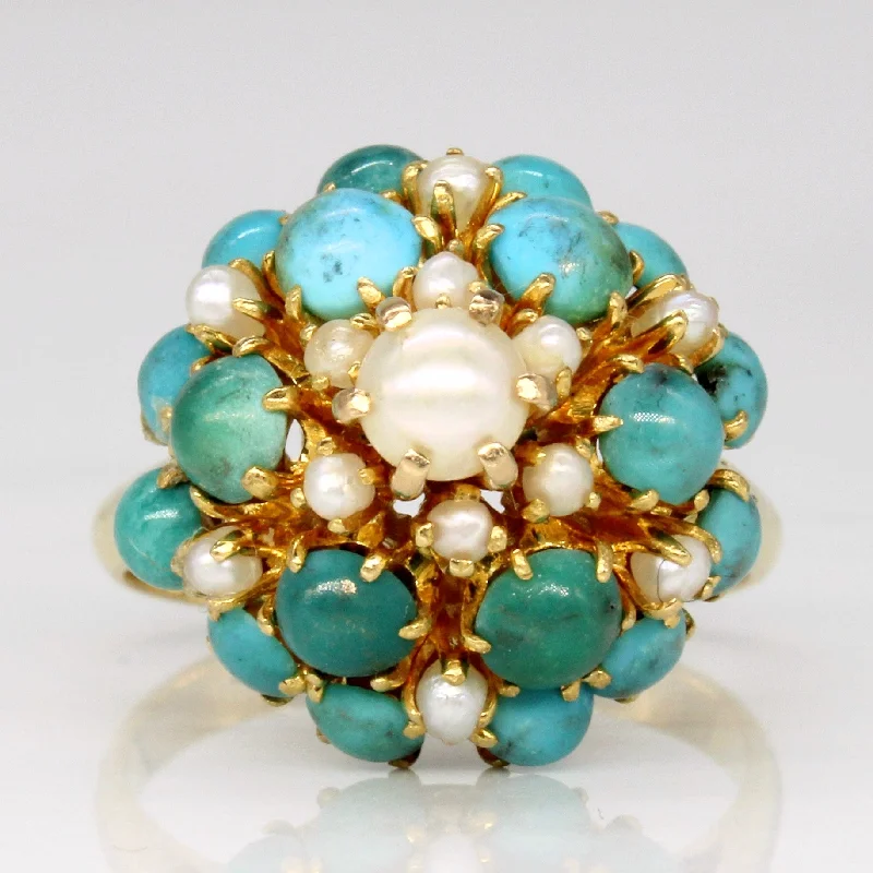 unique gold rings -Turquoise & Pearl Cocktail 20k Ring | 3.30ctw | SZ 9 |