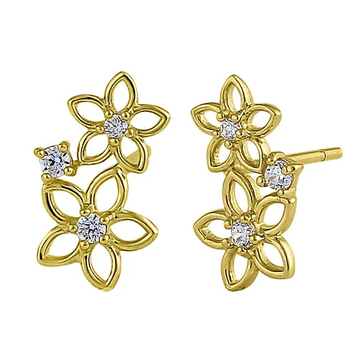 elegant drop earrings for women -colorful earrings for casual wear -Solid 14K Yellow Gold Blooming Flowers Clear Round CZ Earrings