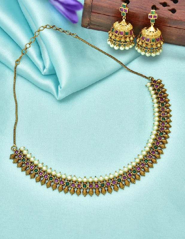 women’s sparkling necklaces -precious stone necklaces for women -Designer Antique Kempu Necklace Set