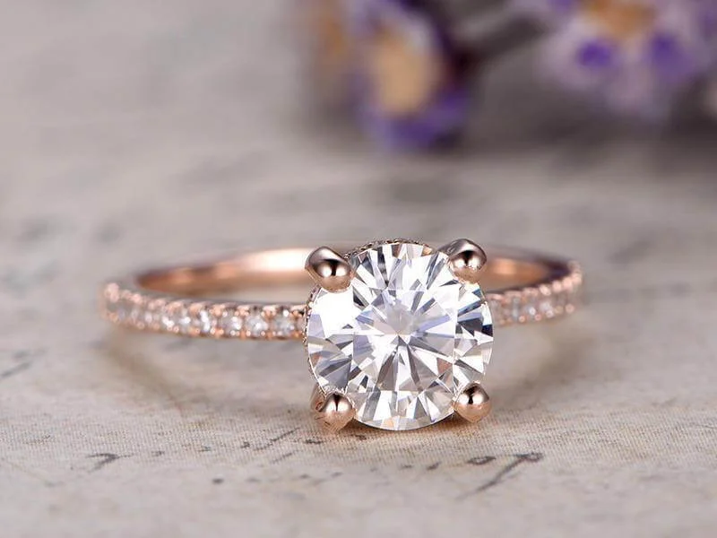 designer engagement rings -designer engagement rings -1.25 Carat Art Deco Round Cut Moissanite Diamond Engagement Ring in 10k Rose Gold