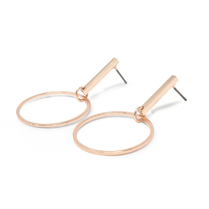 elegant gold earrings for women -teardrop earrings for women -Bar Stud Earrings with Open Circle Rose Gold Tone