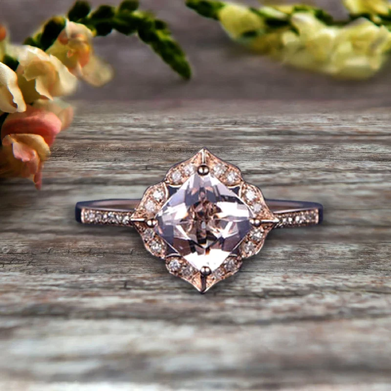 custom engagement rings for women -custom engagement rings for women -1.5 Carat Princess Cut Pink Morganite Engagement Ring On 10k Rose Gold Wedding Ring Art Retro Vintage Looking