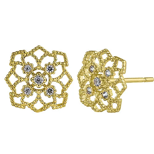 designer earrings for women -stud earrings for everyday wear -Solid 14K Yellow Gold Woven Web Clear Round CZ Earrings