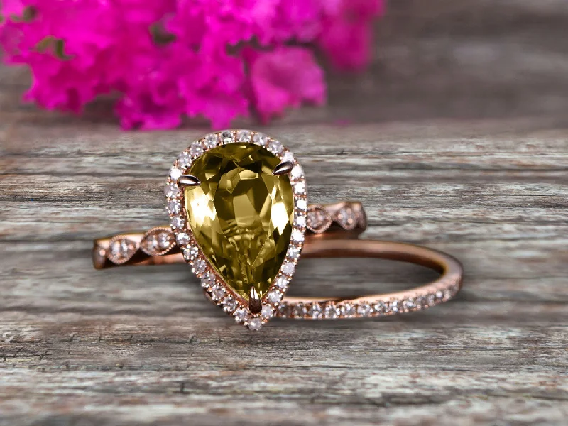 vintage-inspired engagement rings -vintage-inspired engagement rings -1.75 Carat 10k Rose Gold Pear Shape Champagne Diamond Moissanite Engagement Ring Set Marquise Band Milgrain Art Deco With HALO Ring