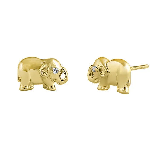 custom-designed hoop earrings -custom-designed hoop earrings -Solid 14K Yellow Gold Wild Elephant Clear Round CZ Earrings