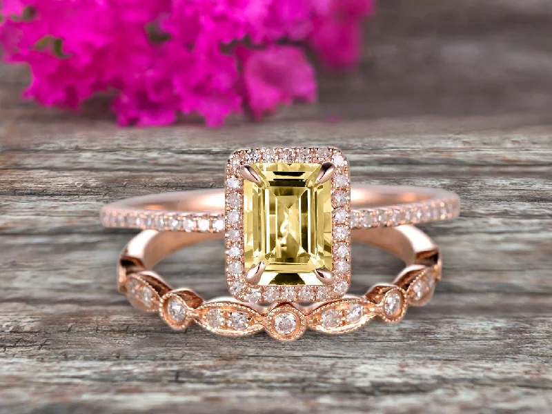 engagement rings with rubies -engagement rings with rubies -Halo Art Deco 1.75 Carat Emerald Cut Champagne Diamond Moissanite Wedding Set Bridal Ring Engagement Ring Set On 10k Rose Gold Stacking Matching Band Anniversary Gift