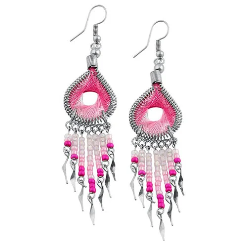 luxury diamond earrings -bohemian earrings for women -Stainless Steel Peruvian Pink Silk Thread Beaded Dangle Earrings