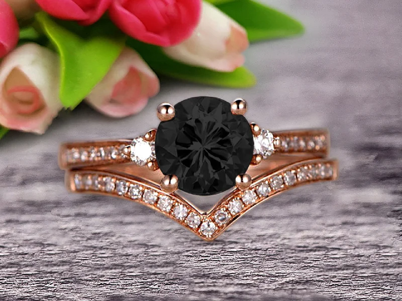 handcrafted engagement rings -handcrafted engagement rings -1.50 Carat Black Diamond Moissanite Engagement Ring 10k Rose Gold Wedding Set Anniversary Ring Promise Ring Surprisingly Gift for her Curved V-Shape Matching Wedding Band