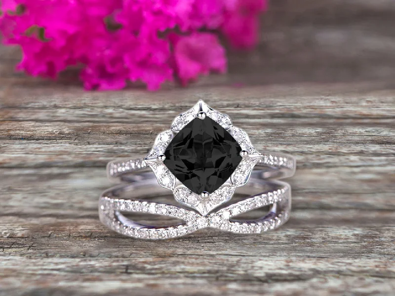 personalized engagement rings -personalized engagement rings -10k White Gold 1.75 Carat Cushion Cut Black Diamond Moissanite Engagement Rings With Twisted Wedding Band Moissanite Diamonds Halo Design Art Deco