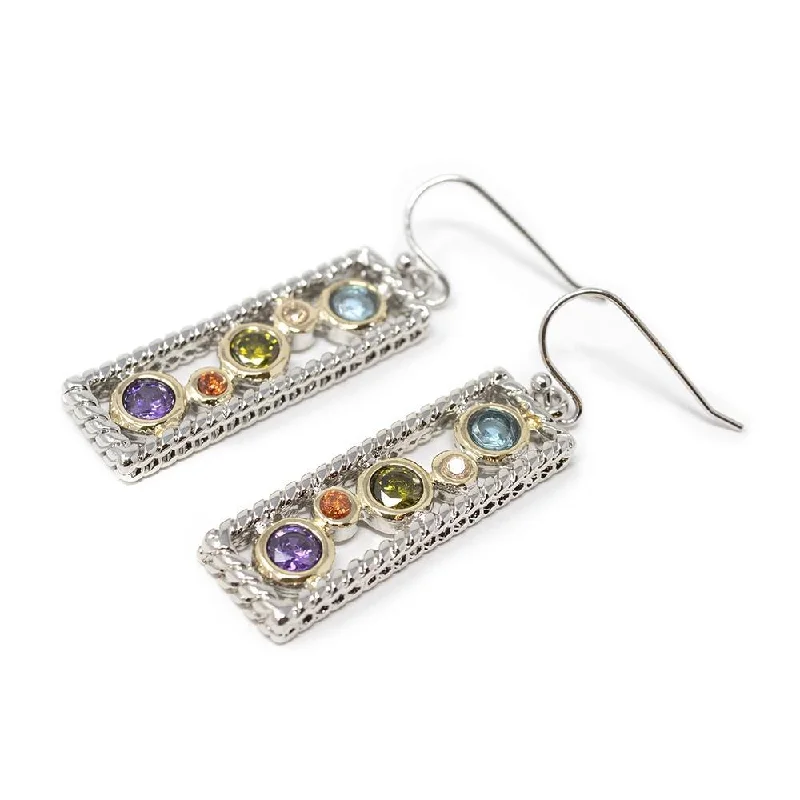 unique earrings for women -women’s birthstone earrings -Rhodium Plated Multicolor CZ Open Square Earrings