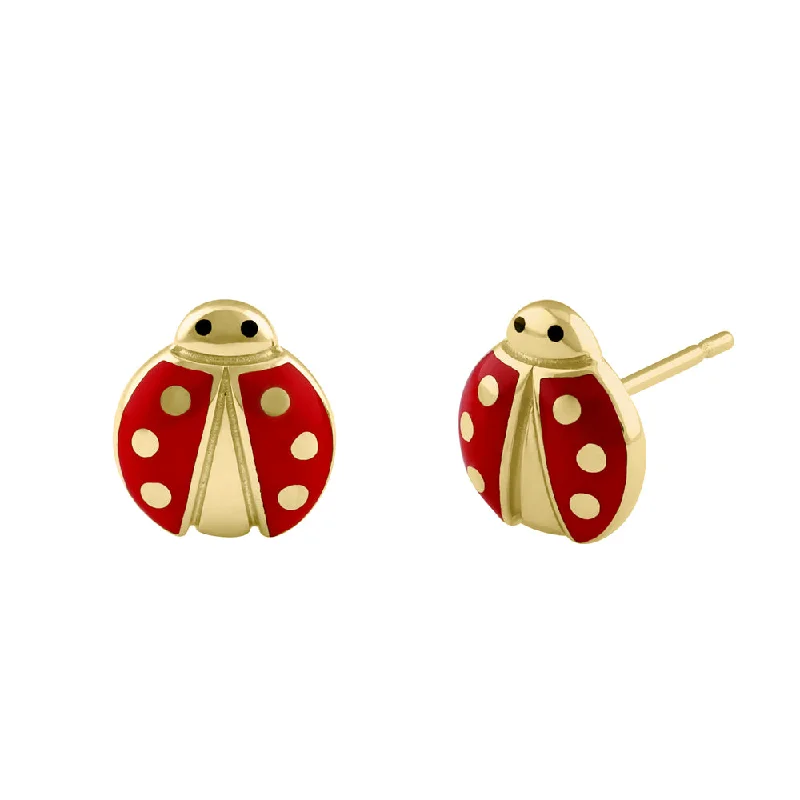 silver earrings with gemstones -floral earrings for women -Solid 14K Gold Red Enamel Handpainted Lady Bug Earrings