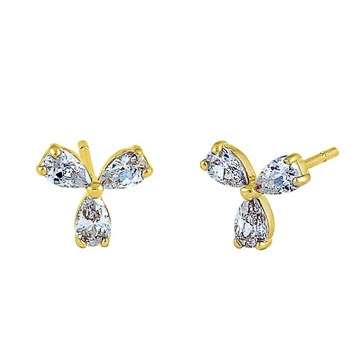 minimalist earrings for women -luxury pearl earrings -Solid 14K Yellow Gold Pinwheel Clear Pear Cut CZ Earrings