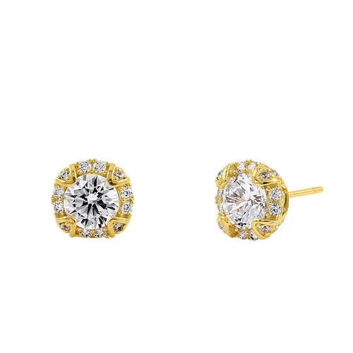 sterling silver earrings -sterling silver earrings -Solid 14K Yellow Gold 8.0mm Round Halo Cathedral CZ Earrings