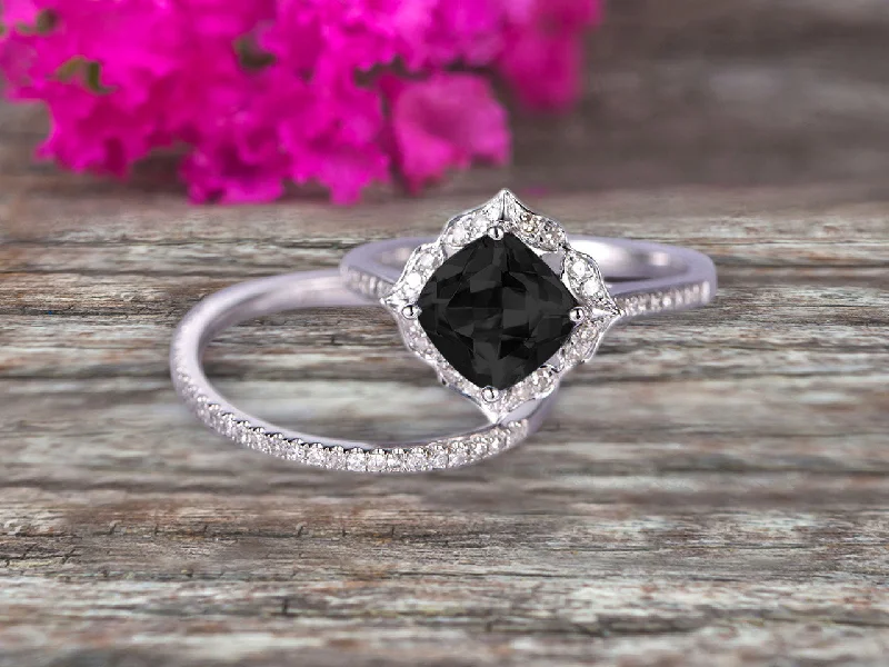 colorful gemstone engagement rings -colorful gemstone engagement rings -2Pcs Wedding Ring Set Cushion Cut 1.75 Carat Black Diamond Moissanite Engagement Ring On 10k White gold Matching Band Vintage Look Halo Design