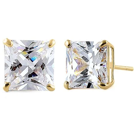 women’s pearl stud earrings -romantic earrings for women -3.92 ct Solid 14K Yellow Gold 7mm Princess Cut Clear CZ Earrings