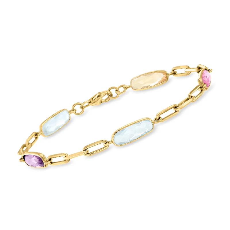 adjustable bangles for women -Ross-Simons Multi-Gemstone Paper Clip Link Bracelet in 18kt Gold Over Sterling