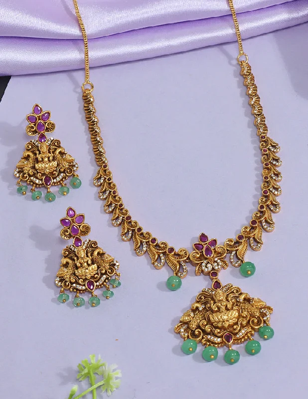 gold chain necklaces for women -celebrity-inspired necklaces for women -Designer Matt Lakshmi Devi Necklace Set with Mint Green Beads