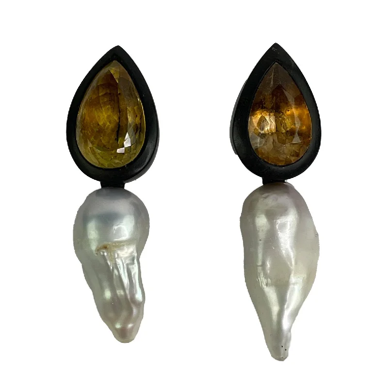 silver dangling earrings -custom designed earrings for women -BAROQUE PEARL / CITRINE EARRINGS