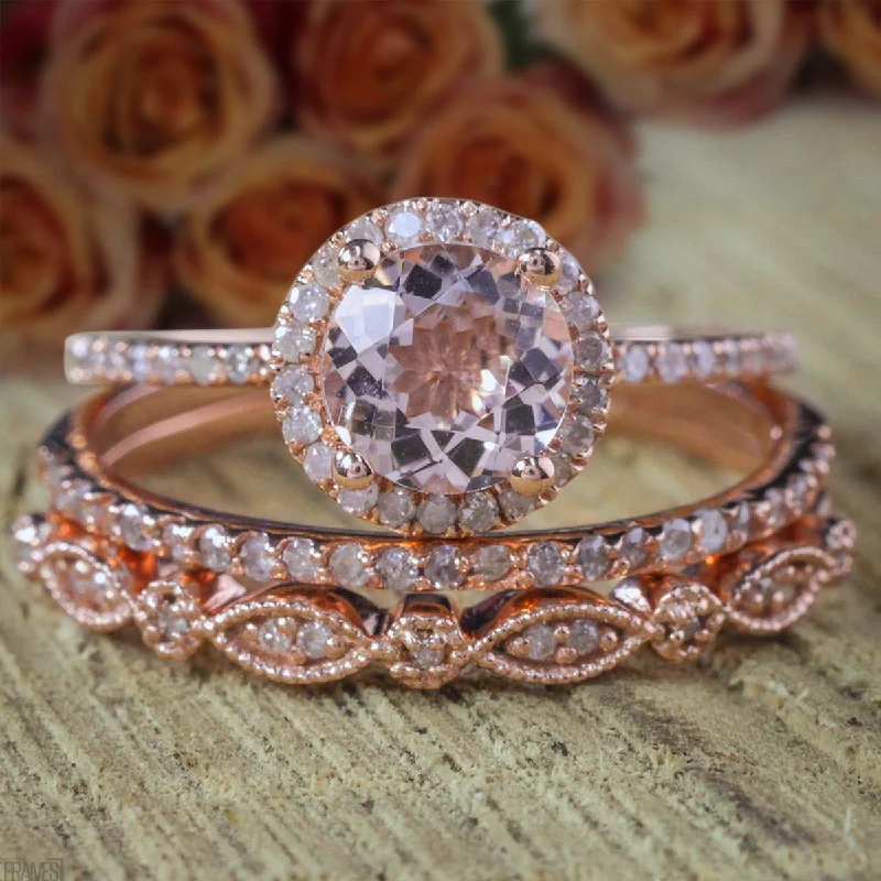 simple engagement rings for women -simple engagement rings for women -Classic Halo Art Deco 2 Carat Round Cut Morganite And Diamond Moissanite Trio Ring Set in 10k Rose Gold Engagement Ring 2 Wedding Bands