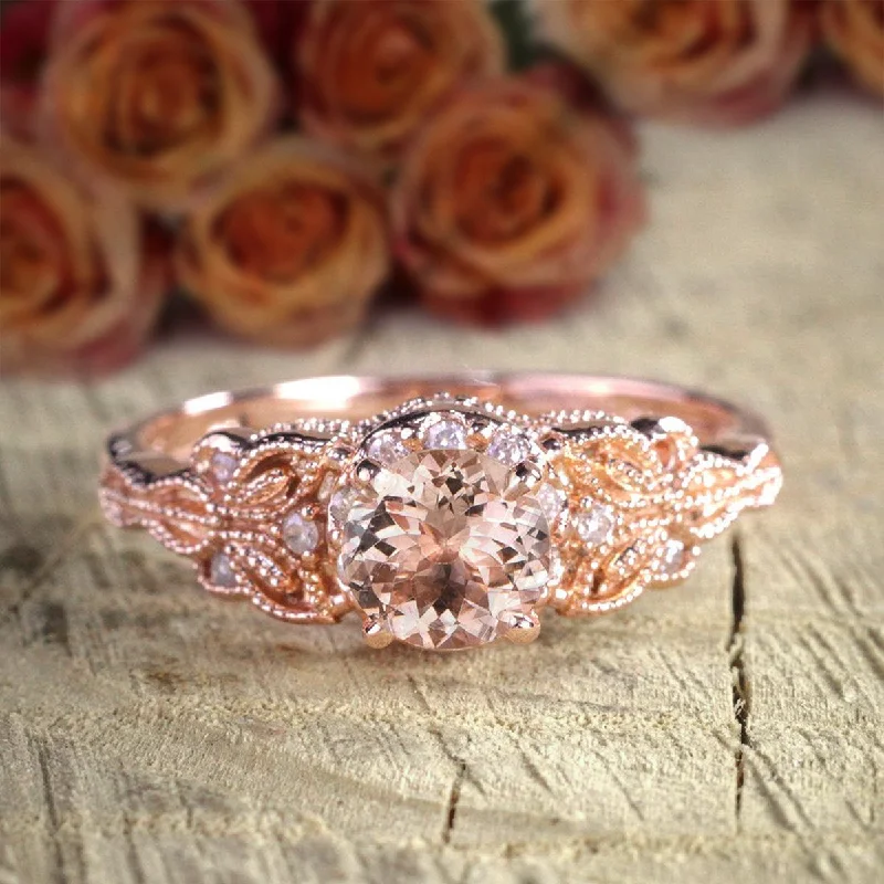 halo engagement rings for women -halo engagement rings for women -Classic Art Deco Round Cut 1.25 Carat Peach Pink Morganite And Moissanite Diamond Engagement Ring 10k Rose Gold Jewelry