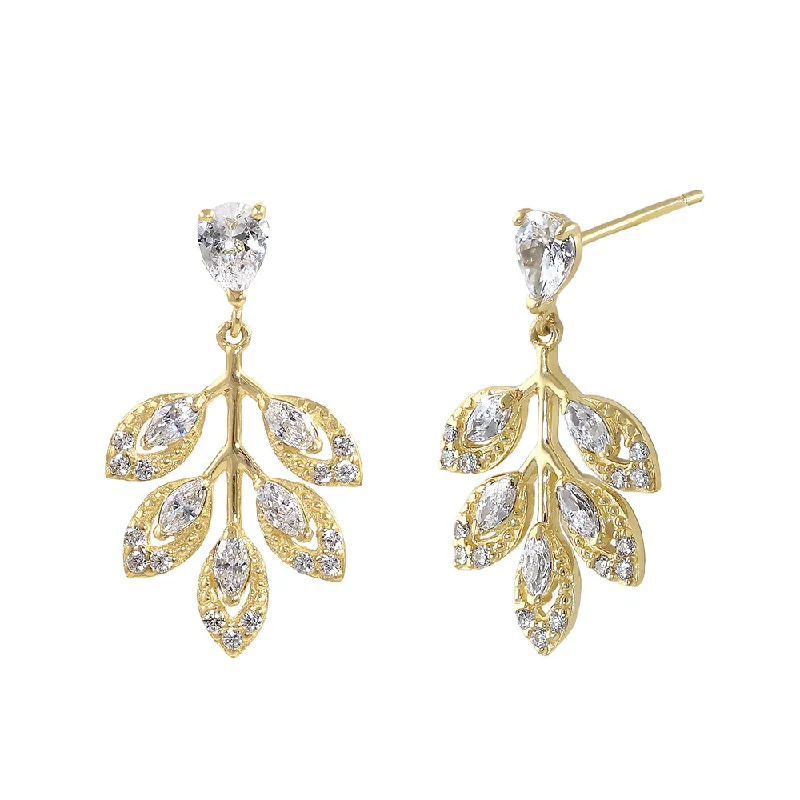 luxury earrings sets -handmade earrings for women -Solid 14K Gold Leaf Drop Dangle CZ Earrings