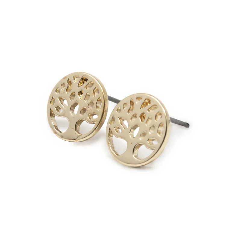 gold drop earrings for women -women’s gold drop earrings -Tree of Life Stud Earrings Gold Tone