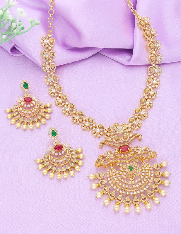 statement pendant necklaces for women -colorful necklaces for women -Designer Gold Polish Zirconia Necklace Set