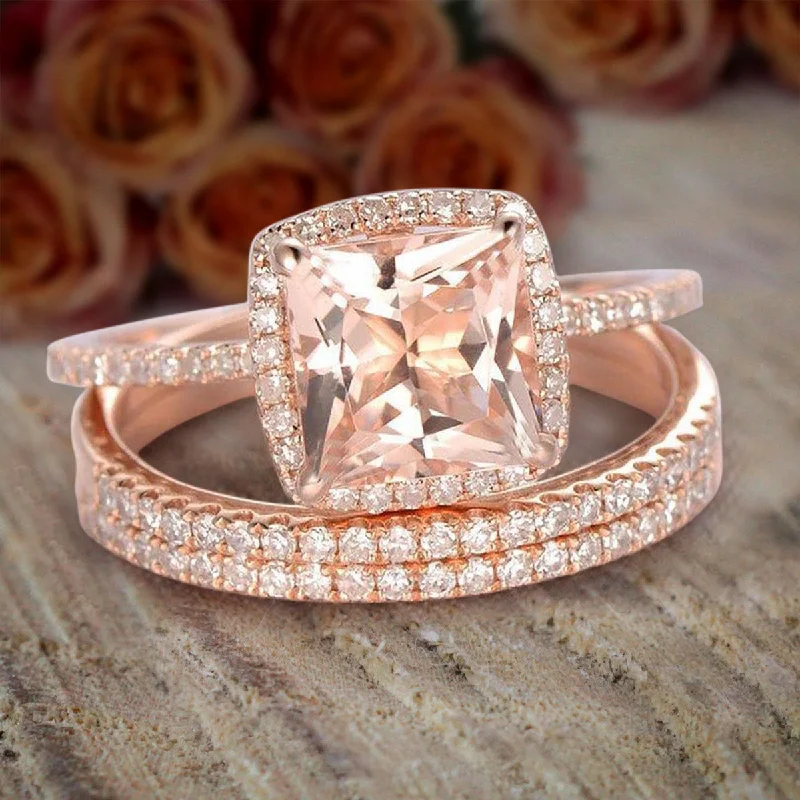 diamond engagement rings for women -diamond engagement rings for women -Cushion Cut 2 Carat Morganite And Diamond Moissanite Trio Set Engagement Ring And 2 Matching Wedding Bands 10k Rose Gold