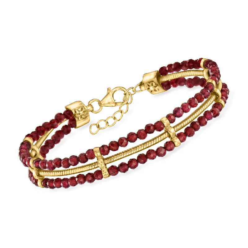 silver bangles for women -Ross-Simons Garnet Bead and Snake-Chain Bracelet in 18kt Gold Over Sterling