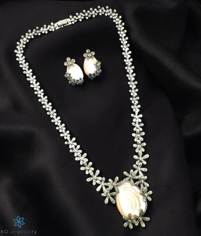 romantic necklaces for women -lucky charm necklaces for women -The Ryna Silver Marcasite Necklace & Earrings (Pearl)