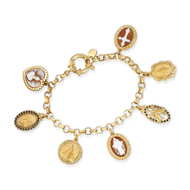 gold bangles for women -Ross-Simons Italian Brown Shell Cameo and Black CZ Religious Charm Bracelet in 18kt Gold Over Sterling