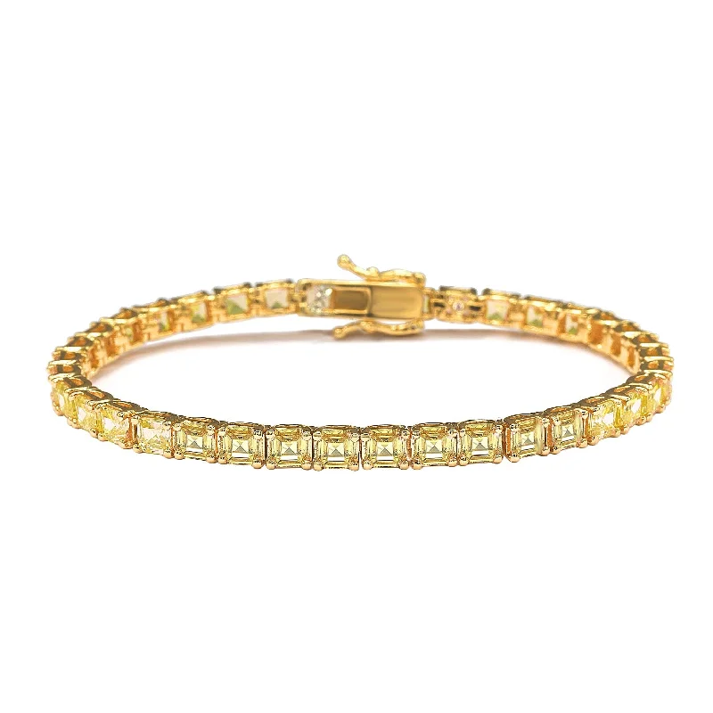 bohemian bracelets for women -Suzy Levian Golden Sterling Silver Yellow Assher Cut Cubic Zirconia Tennis Bracelet