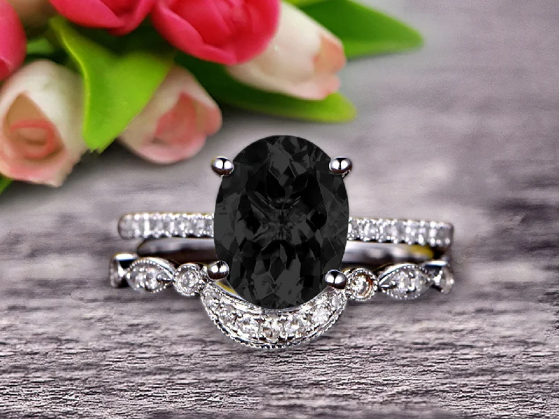 gold engagement rings for women -gold engagement rings for women -1.5 Carat Oval Cut Black Diamond Moissanite Engagement Ring Set With Matching Band 10k White Gold Art Deco Curved Stacking Gift Ring