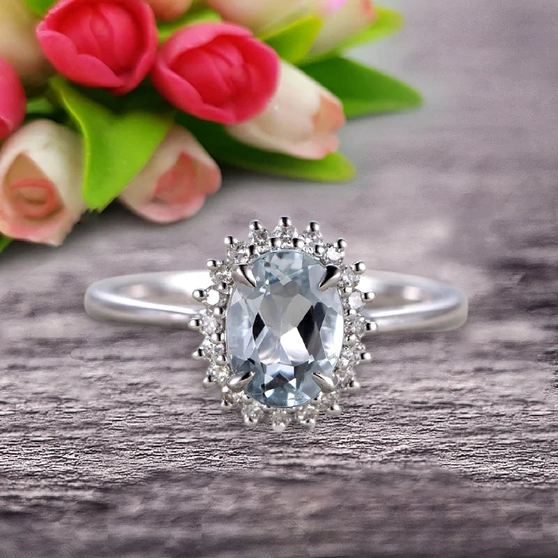 engagement rings with rubies -engagement rings with rubies -1.25 Carat Oval Cut Aquamarine Engagement Ring With 10k White Gold Halo Flower Prong Set