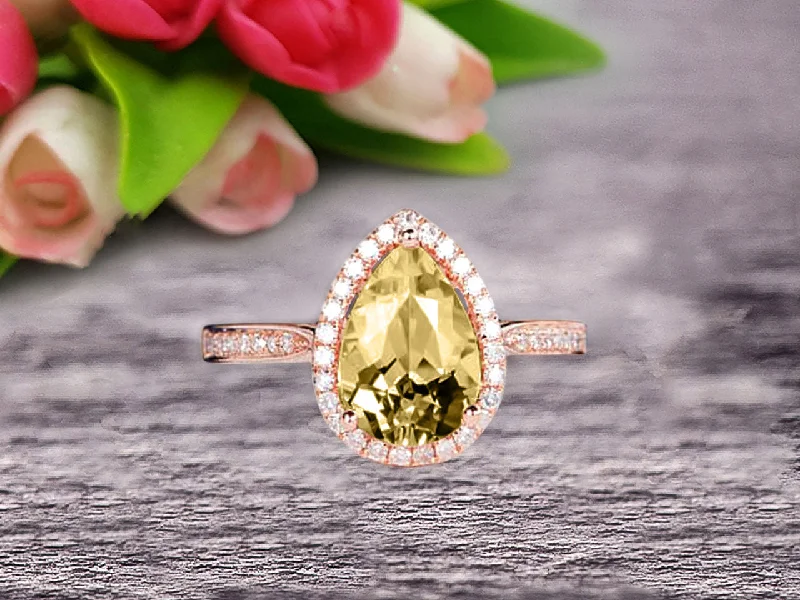 romantic proposal engagement rings -romantic proposal engagement rings -Pear Shape 1.50 Carat Champagne Diamond Moissanite Engagement Ring On 10k Rose Gold Halo Wedding Anniversary Promise Bridal Eternity Ring