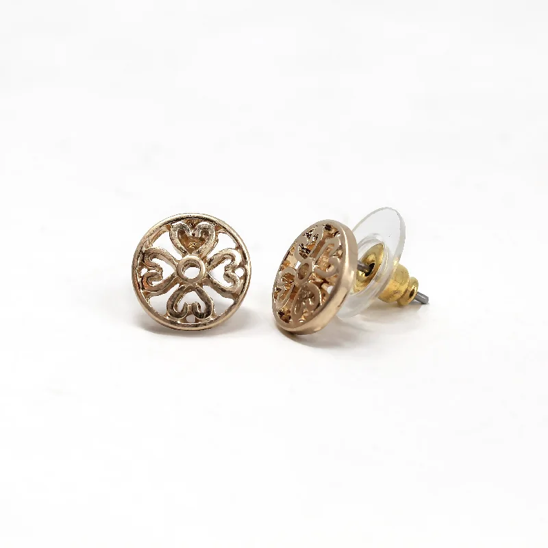 classic diamond earrings -vintage stud earrings for women -Filigree Disc Stud Gold Tone Earrings