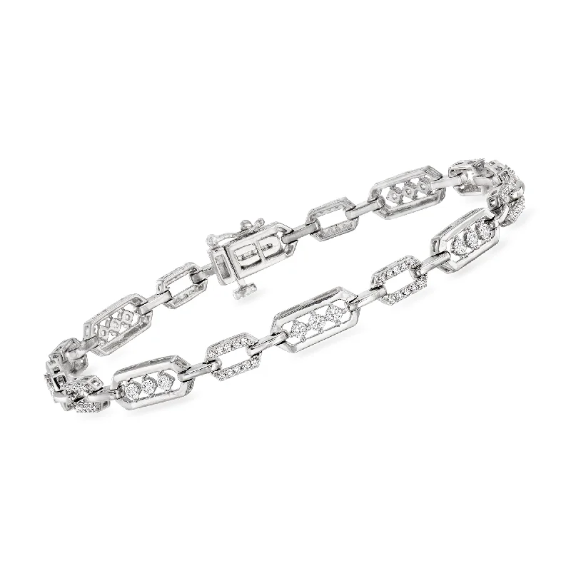 statement bangles for women -Ross-Simons Diamond Rectangle-Link Bracelet in Sterling Silver