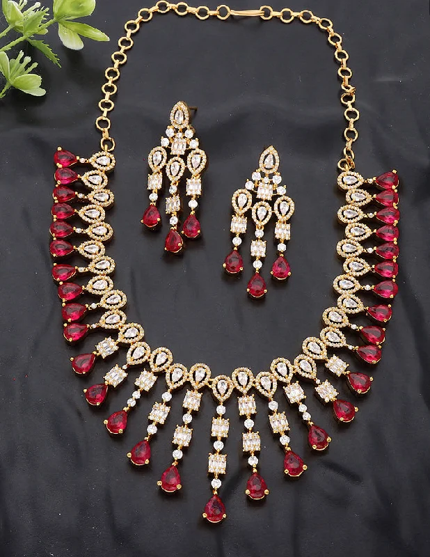 layered chain necklaces for women -fine jewelry necklaces for women -Designer Gold Plated Zirconia Ruby Necklace Set