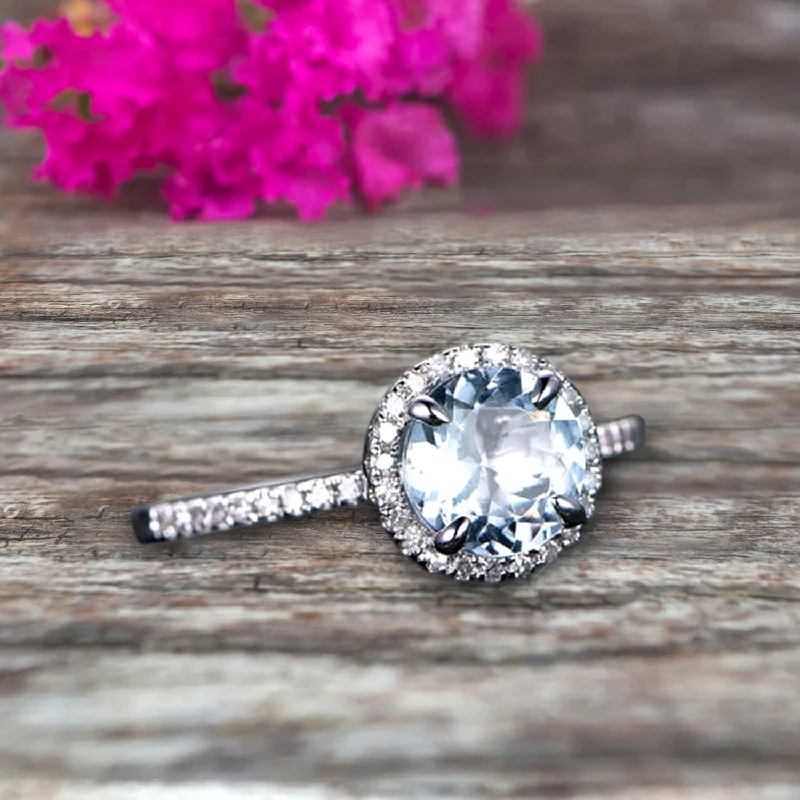 personalized engagement rings -personalized engagement rings -1.50 Carat Round Cut Aquamarine Engagement Ring On 10k White Gold Art Deco Halo Designed