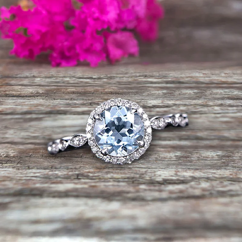 solitaire engagement rings for women -solitaire engagement rings for women -1.50 Carat Round Cut Aquamarine Engagement Ring On 10k White Gold Art Deco Anniversary Gift