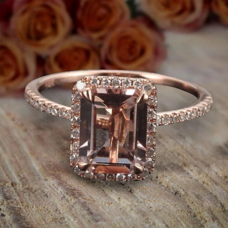 heart-shaped engagement rings -heart-shaped engagement rings -Art Deco Unique Emerald Cut 1.50 Carat Peach Pink Morganite And Diamond Moissanite Engagement Ring in 10k Rose Gold