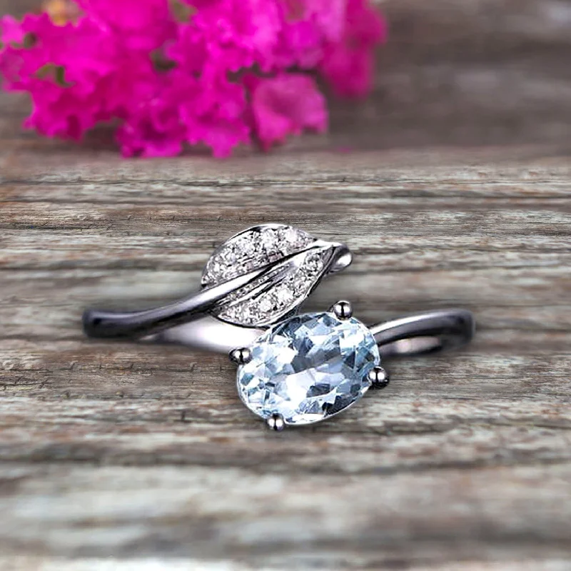 luxury engagement rings -luxury engagement rings -Aquamarine Engagement Ring Unique Leaf and Oval Shaped Combination 1.25 Carat 10k White Gold Anniversary Gift